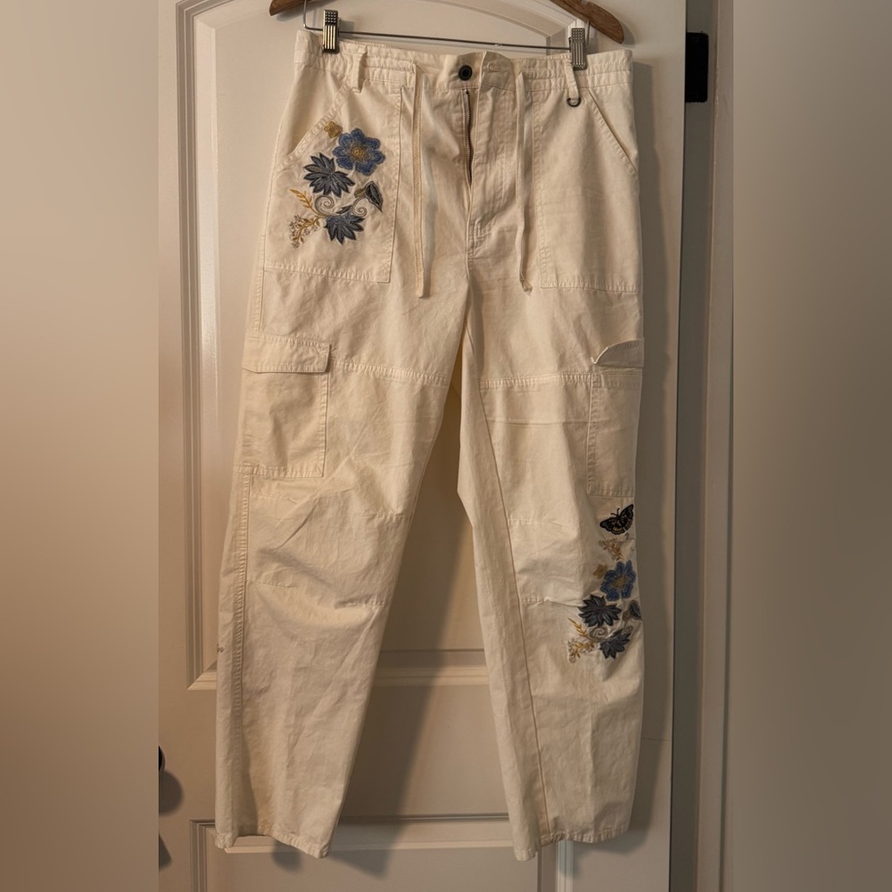 Women’s Sundance Cream Pants with Blue Floral Embroidery